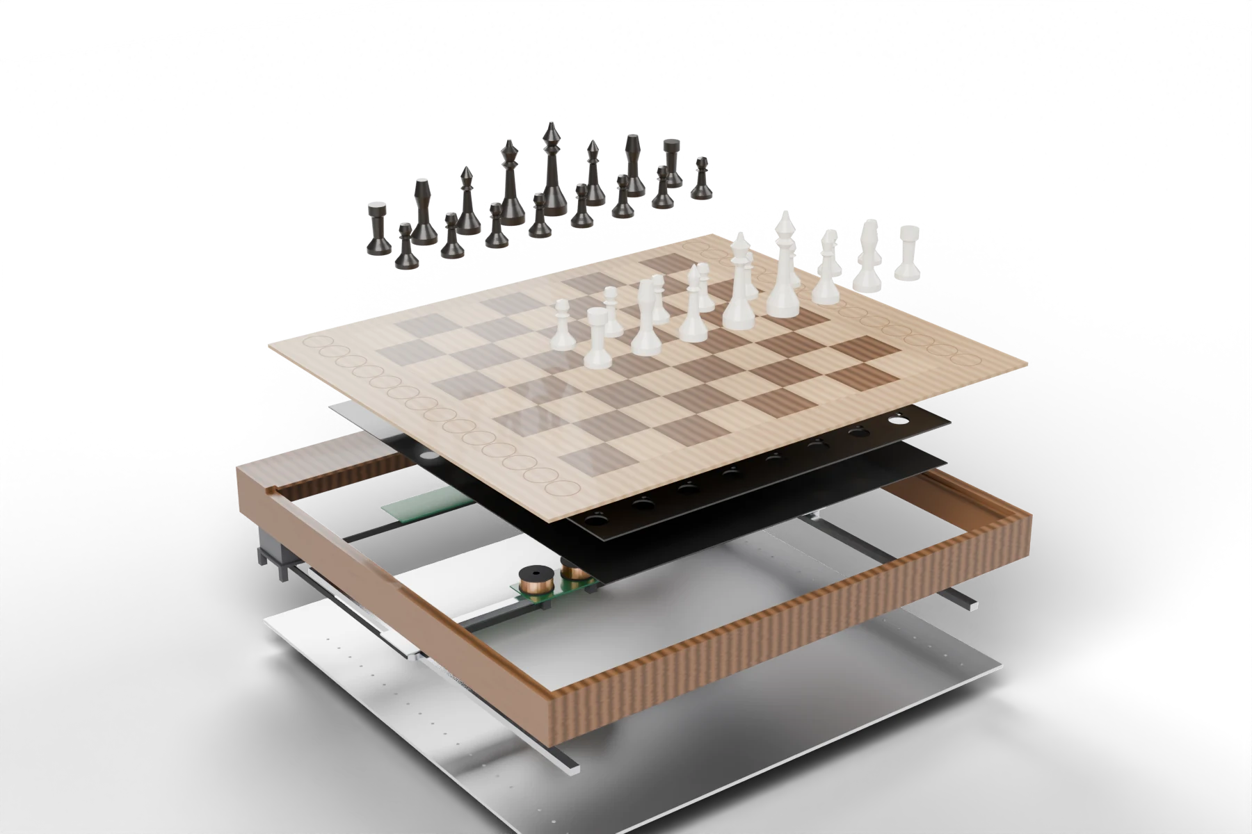 Exploded render of the chess board design