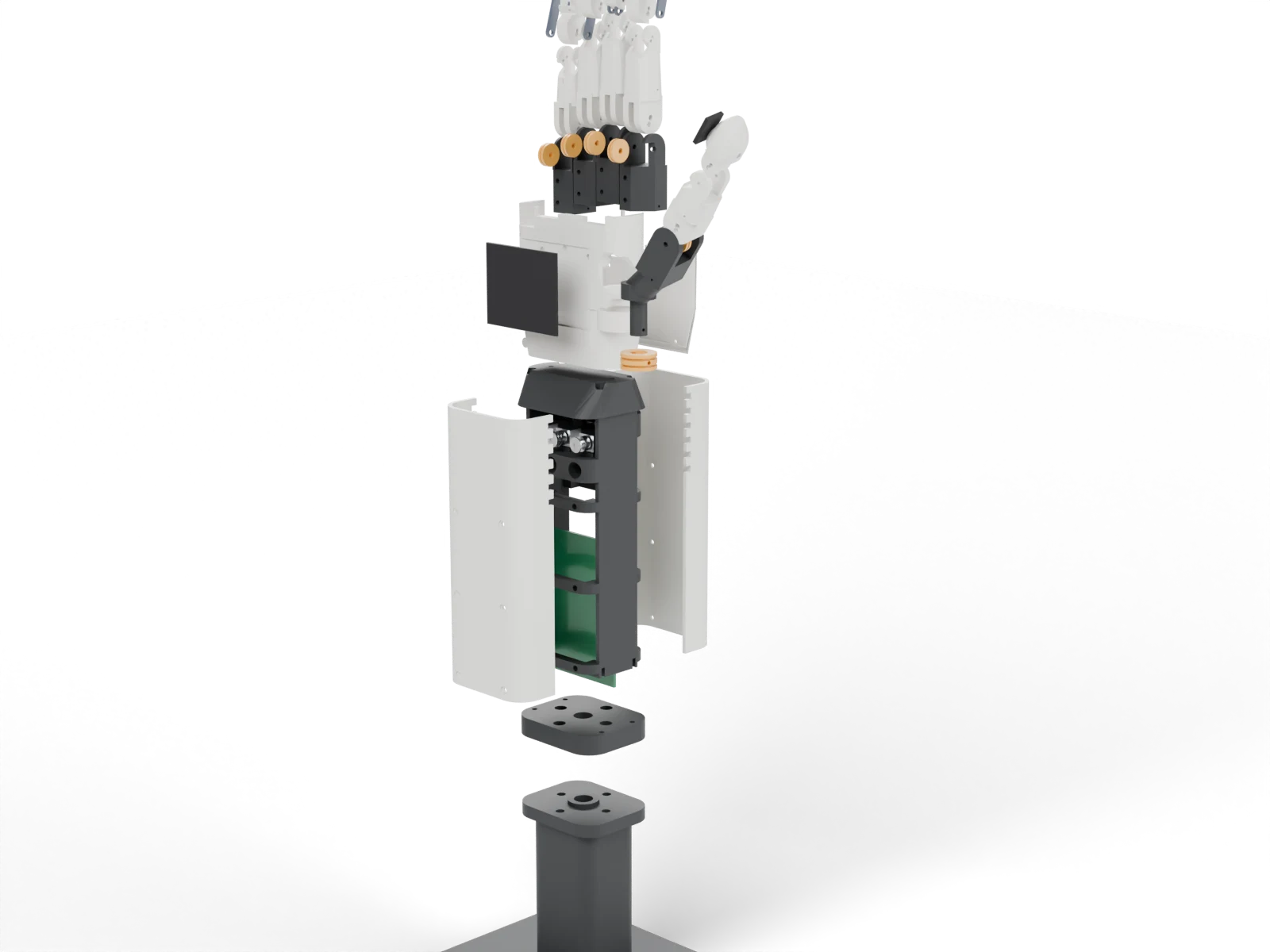 Exploded robot hand: fingers, palm, forearm shells and motors